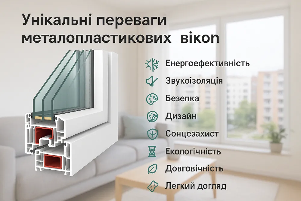 Кутовий зразок металопластикового вікна у розрізі з двокамерним склопакетом і червоним армуванням, на фоні інтер'єру квартири. Праворуч — список переваг ПВХ-вікон з піктограмами: енергоефективність, звукоізоляція, безпека, дизайн, сонцезахист, екологічність, довговічність і легкий догляд.