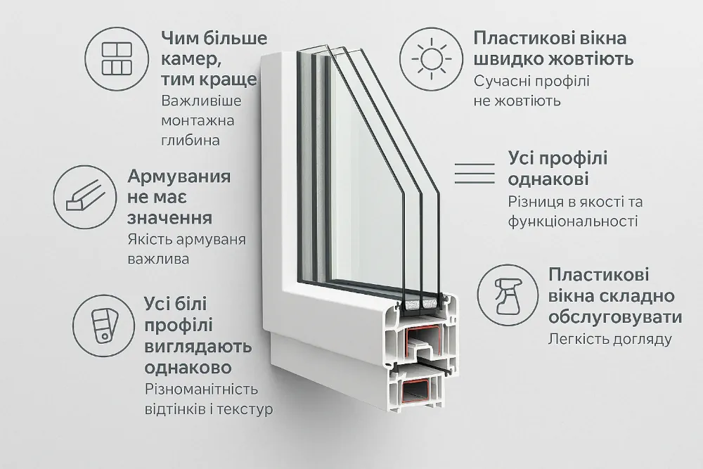 Ілюстрація вирішення поширених проблем і хибних уявлень про профільні системи вікон, розвінчуючи міфи про кількість камер, пожовтіння та однорідність профілів.