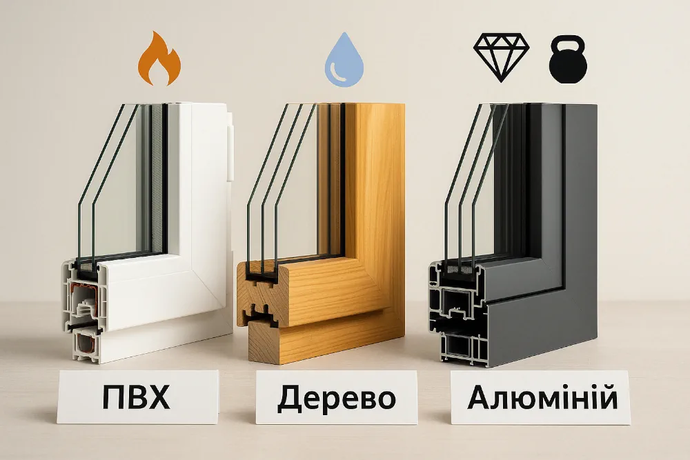 Три типи віконних рам: ПВХ, дерево та алюміній, що демонструють різноманітність кольорів, текстур і стилів. Для виготовлення вікон у квартиру