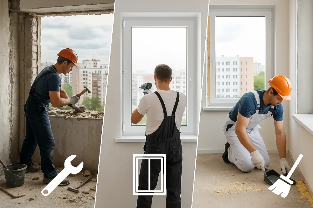 Ілюстрація трьох етапів вибору пластикових вікон: підбір профілю, монтаж конструкції та перевірка герметичності після встановлення