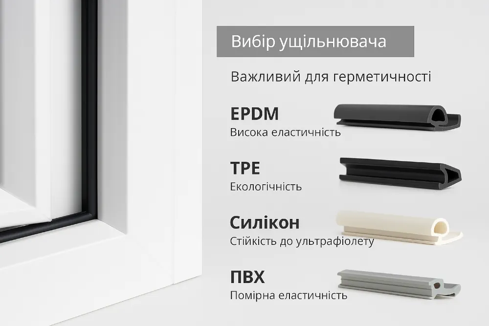 Ілюстрація важливості вибору ущільнювача для вікон, з різними матеріалами ущільнювачів, такими як EPDM, TPE, силікон і ПВХ, що підкреслюють їх властивості та переваги.