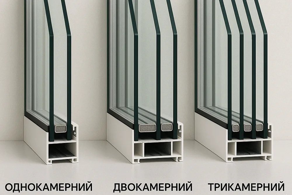 Різні типи склопакетів: однокамерний, двокамерний та трикамерний, що демонструють кількість скла і повітряних камер для різного рівня звуко- та теплоізоляції.
