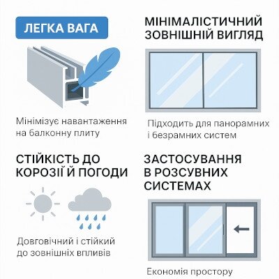 Переваги алюмінієвого профілю для холодного скління: легка вага, мінімалістичний дизайн, стійкість до погодних умов та застосування в розсувних системах