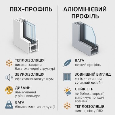 Порівняння профілів з ПВХ та алюмінію: теплоізоляція, звукоізоляція, вага та дизайн