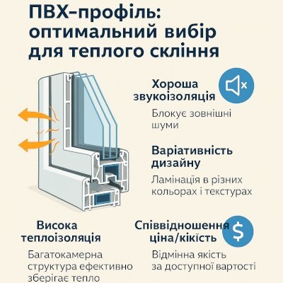 Переваги ПВХ-профілю для теплого скління: висока теплоізоляція, звукоізоляція, варіативність дизайну та доступна вартість