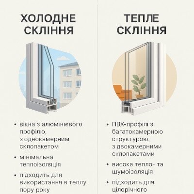 Порівняльна інфографіка теплого та холодного скління балкона: алюміній та ПВХ, однокамерний та двокамерний склопакет, тепло- та шумоізоляція