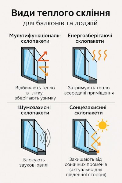 Види теплого скління: мультифункціональні, енергозберігаючі, шумозахисні та сонцезахисні склопакети для балконів та лоджій