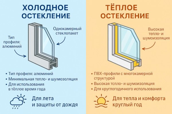 Сравнительная инфографика тёплого и холодного остекления балкона: алюминий и ПВХ, однокамерный и двухкамерный стеклопакет, тепло- и шумоизоляция.
