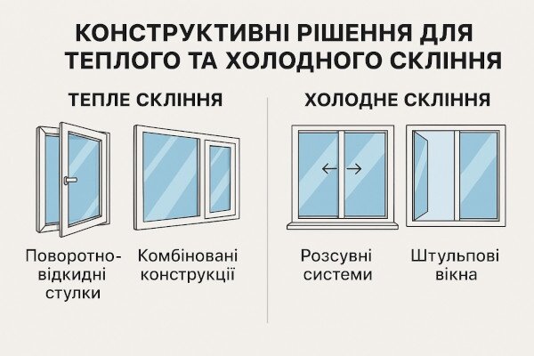 Конструктивні рішення для теплого та холодного скління: поворотно-відкидні стулки, комбіновані конструкції, розсувні системи та штульпові вікна