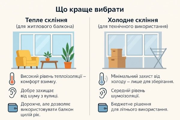Порівняння теплого та холодного скління: теплоізоляція, шумоізоляція, вартість та варіанти використання