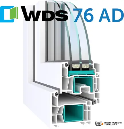 Переріз ПВХ-профілю WDS 76 AD з двокамерним склопакетом — схема будови